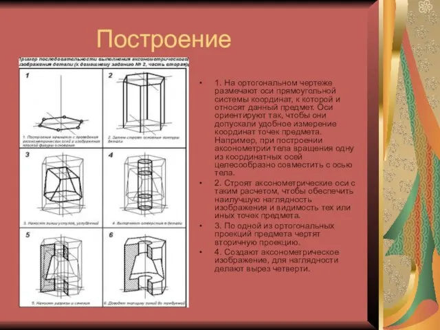 Построение 1. На ортогональном чертеже размечают оси прямоугольной системы координат, к которой