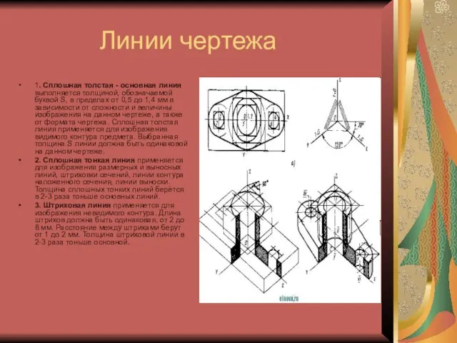 Линии чертежа 1. Сплошная толстая - основная линия выполняется толщиной, обозначаемой буквой