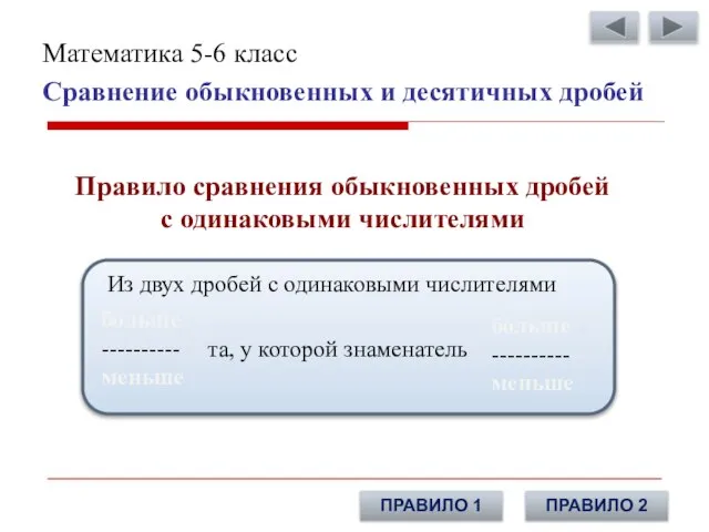 Сравнение обыкновенных и десятичных дробей Математика 5-6 класс Правило сравнения обыкновенных дробей