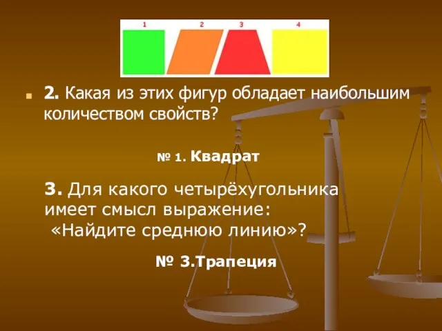 2. Какая из этих фигур обладает наибольшим количеством свойств? № 1. Квадрат