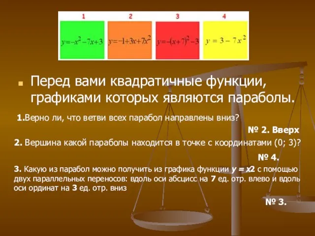 Перед вами квадратичные функции, графиками которых являются параболы. 1.Верно ли, что ветви