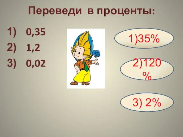 Переведи в проценты: 0,35 1,2 0,02 1)35% 2)120% 3) 2%