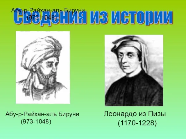 Сведения из истории Абу-р-Райхан-аль Бируни (973-1048) Абу-р-Райхан-аль Бируни (973-1048) Леонардо из Пизы (1170-1228)