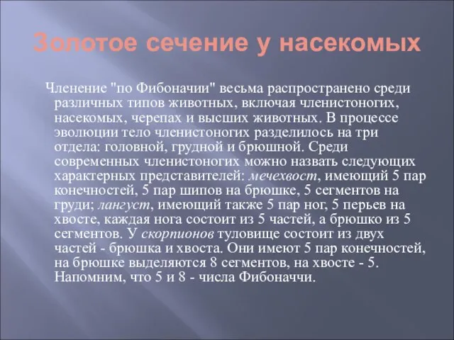 Золотое сечение у насекомых Членение "по Фибоначии" весьма распространено среди различных типов