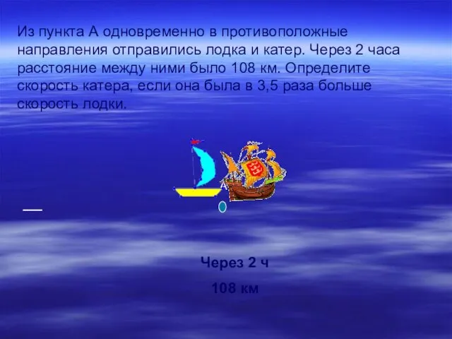 Из пункта А одновременно в противоположные направления отправились лодка и катер. Через