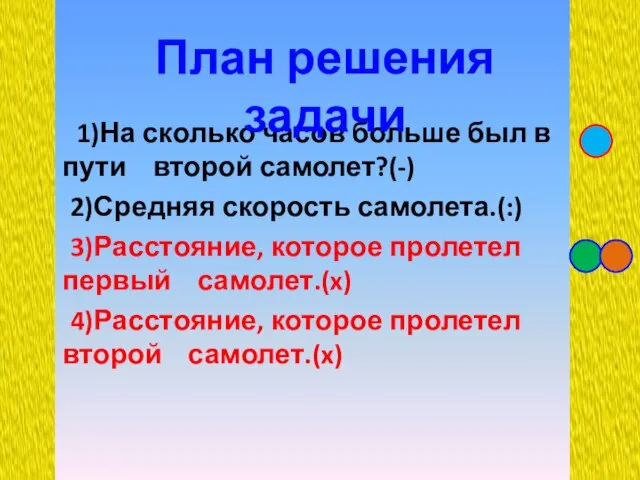 1)На сколько часов больше был в пути второй самолет?(-) 2)Средняя скорость самолета.(:)