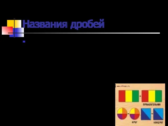 Названия дробей В старинных книгах можно встретить такие названия дробей; 1/2 –