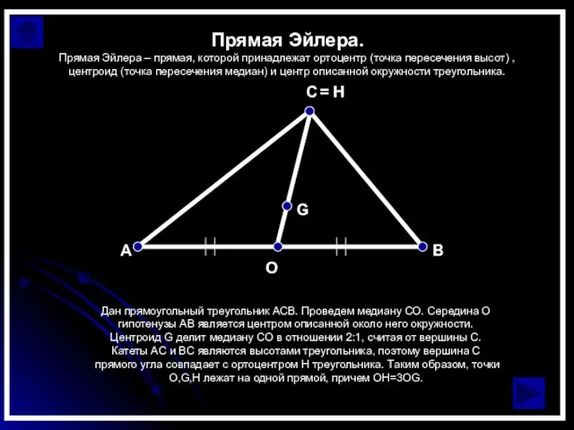 Прямая Эйлера. Дан прямоугольный треугольник АСВ. Проведем медиану СО. Середина O гипотенузы