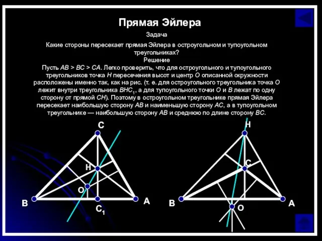 Прямая Эйлера Задача Какие стороны пересекает прямая Эйлера в остроугольном и тупоугольном