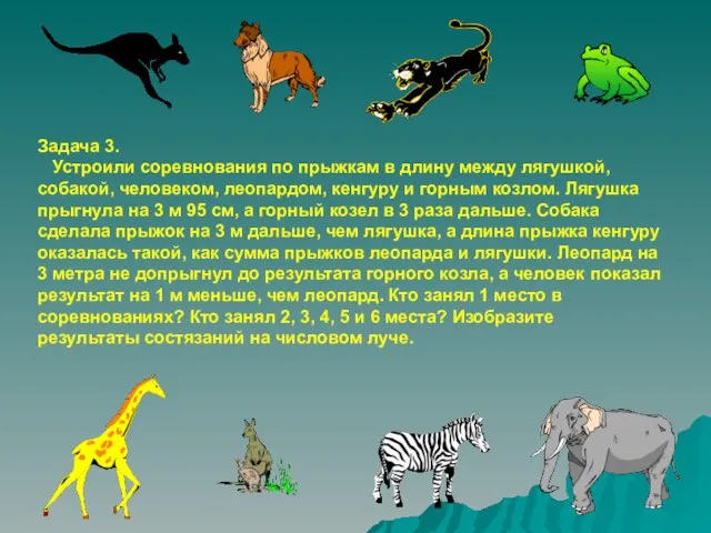 Задача 3. Устроили соревнования по прыжкам в длину между лягушкой, собакой, человеком,