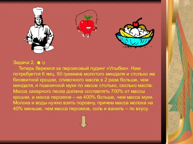 Задача 2. ☻☺ Теперь беремся за персиковый пудинг «Улыбка». Нам потребуется 6