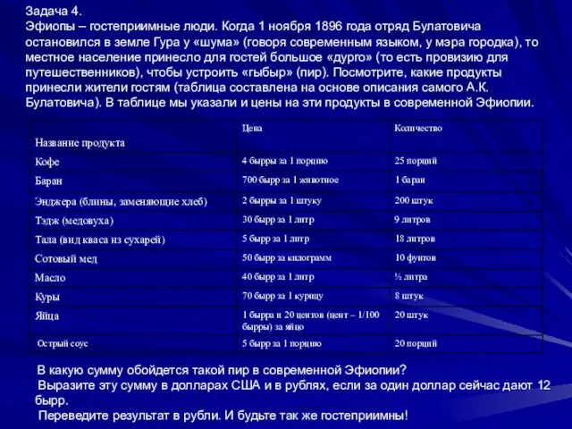 Задача 4. Эфиопы – гостеприимные люди. Когда 1 ноября 1896 года отряд