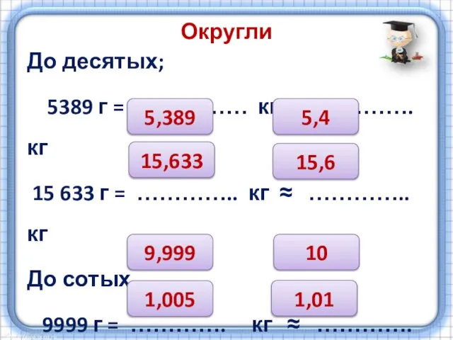 Округли До десятых; 5389 г = …………… кг ≈ …………. кг 15