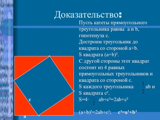 Доказательство: а b с Пусть катеты прямоугольного треугольника равны а и b,