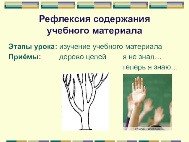Рефлексия содержания учебного материала Этапы урока: изучение учебного материала Приёмы: дерево целей