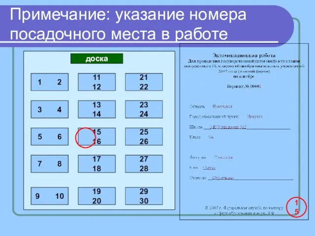 Примечание: указание номера посадочного места в работе доска 15