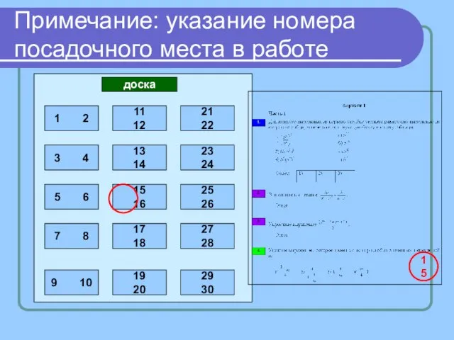 доска 15 Примечание: указание номера посадочного места в работе