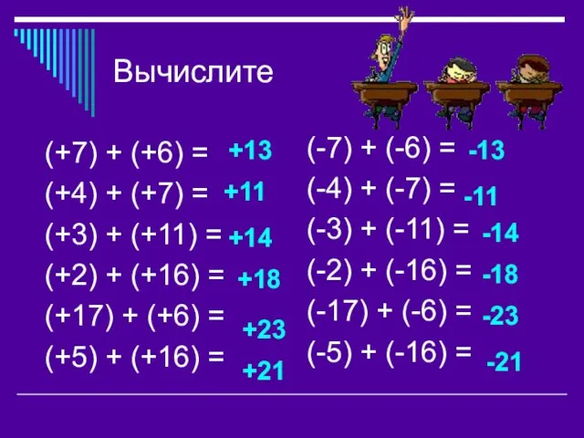 Вычислите (+7) + (+6) = (+4) + (+7) = (+3) + (+11)