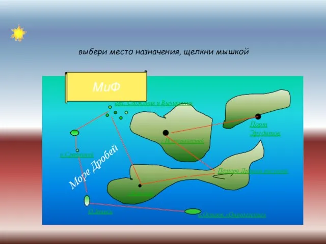 выбери место назначения, щелкни мышкой МиФ Море Дробей Порт Эрудитов г.Исторический Пещера