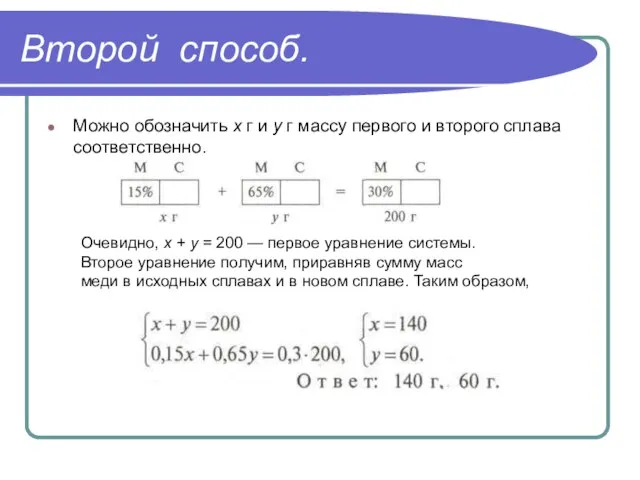 Второй способ. Можно обозначить х г и у г массу первого и