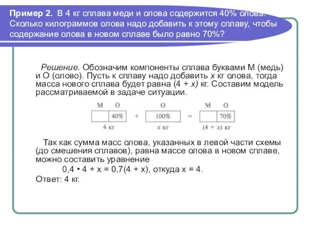 Пример 2. В 4 кг сплава меди и олова содер­жится 40% олова.