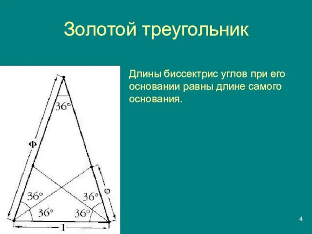 Золотой треугольник Длины биссектрис углов при его основании равны длине самого основания.
