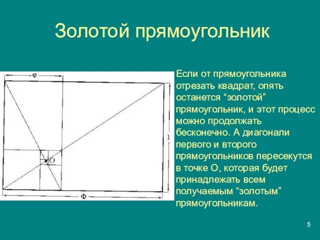 Золотой прямоугольник Если от прямоугольника отрезать квадрат, опять останется “золотой” прямоугольник, и