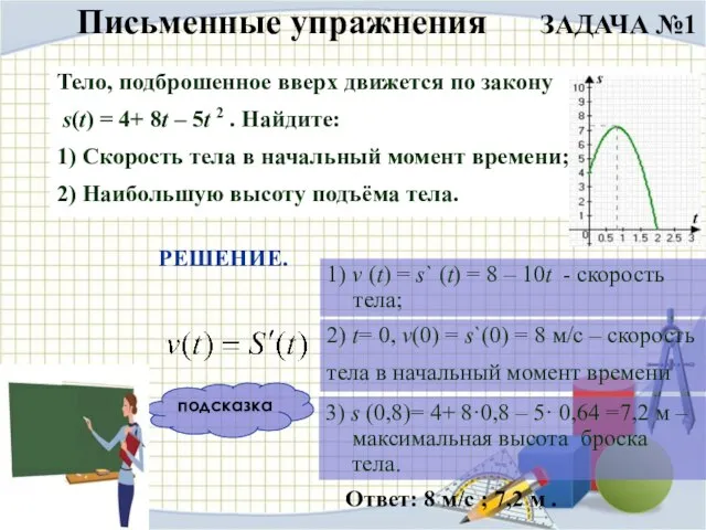 подсказка Тело, подброшенное вверх движется по закону s(t) = 4+ 8t –