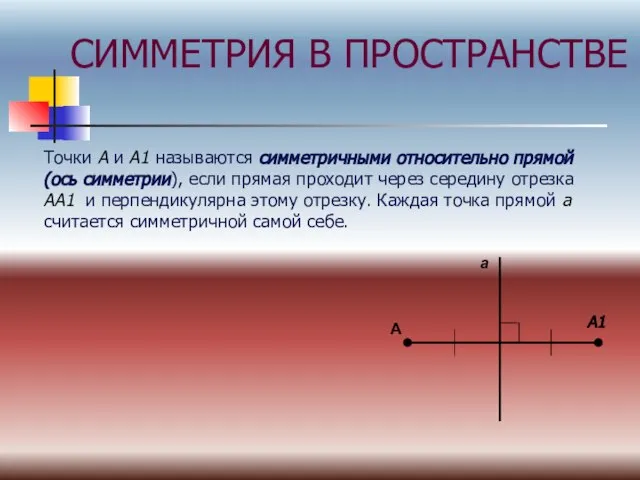 СИММЕТРИЯ В ПРОСТРАНСТВЕ Точки А и А1 называются симметричными относительно прямой (ось