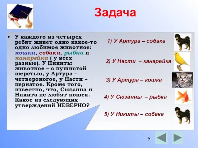 Задача У каждого из четырех ребят живет одно какое-то одно любимое животное: