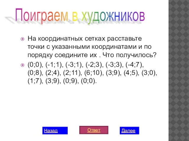 На координатных сетках расставьте точки с указанными координатами и по порядку соедините