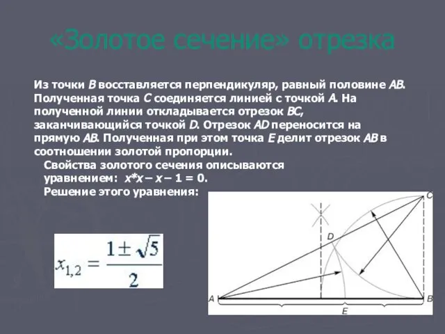 «Золотое сечение» отрезка Из точки В восставляется перпендикуляр, равный половине АВ. Полученная