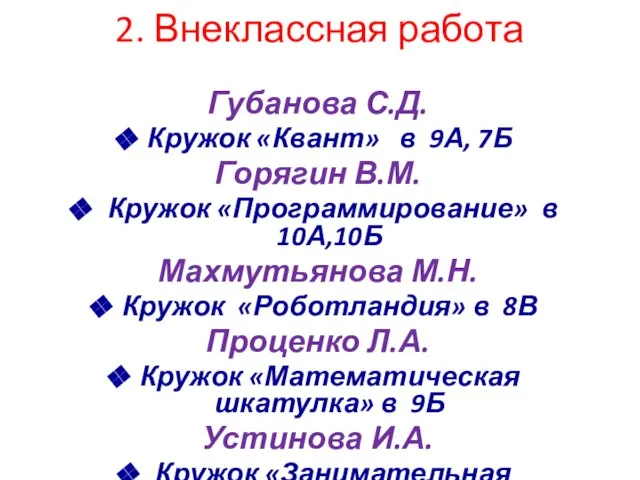 2. Внеклассная работа Губанова С.Д. Кружок «Квант» в 9А, 7Б Горягин В.М.