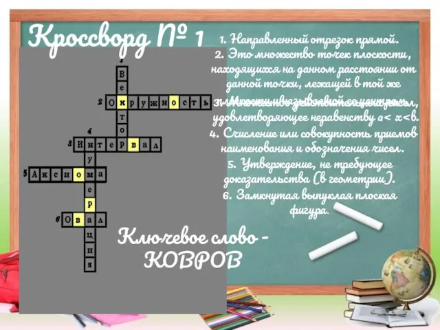 Кроссворд № 1 1. Направленный отрезок прямой. 2. Это множество точек плоскости,