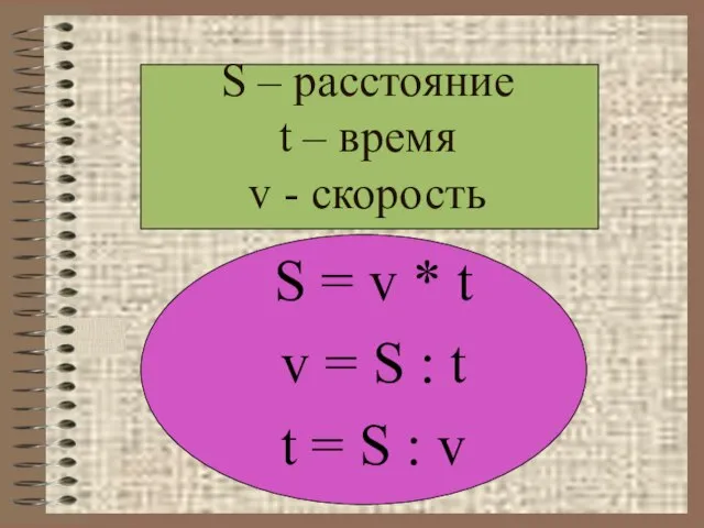 S – расстояние t – время v - скорость S = v