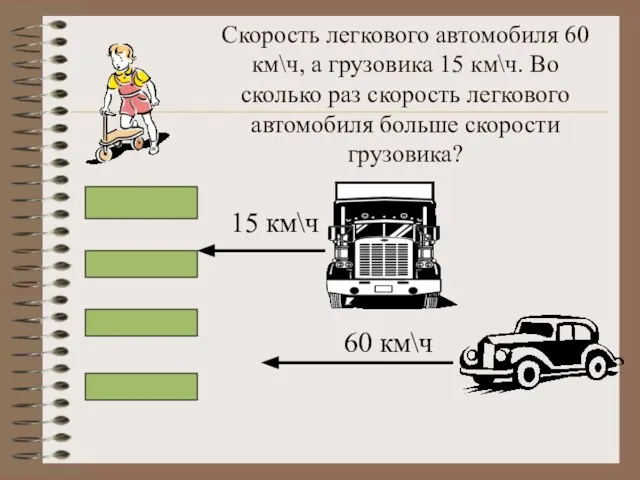 Скорость легкового автомобиля 60 км\ч, а грузовика 15 км\ч. Во сколько раз