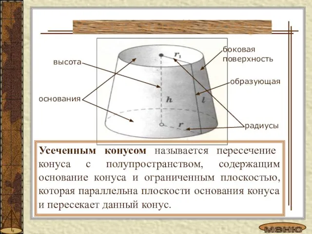 Усеченным конусом называется пересечение конуса с полупространством, содержащим основание конуса и ограниченным