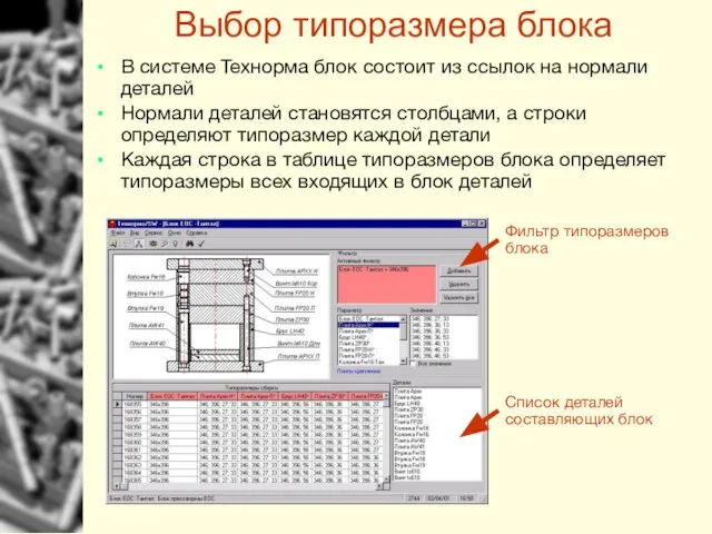 Выбор типоразмера блока В системе Технорма блок состоит из ссылок на нормали