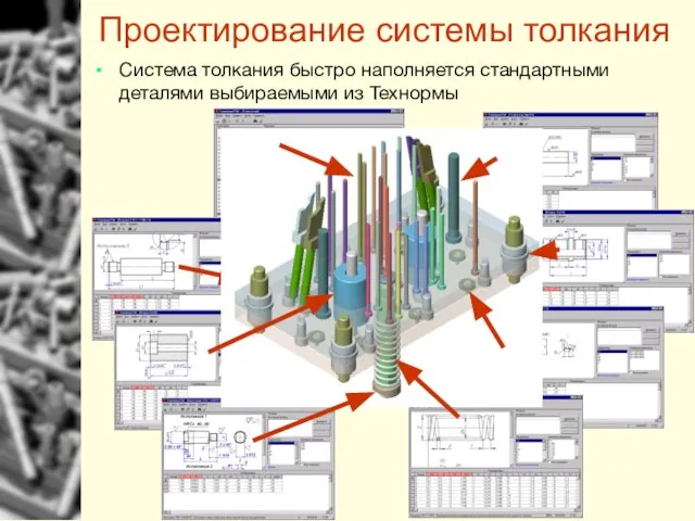 Система толкания быстро наполняется стандартными деталями выбираемыми из Технормы Проектирование системы толкания