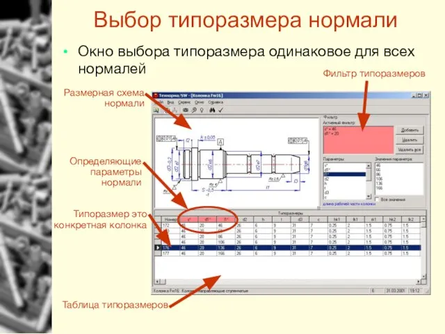 Выбор типоразмера нормали Размерная схема нормали Фильтр типоразмеров Таблица типоразмеров Определяющие параметры