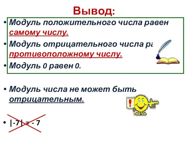 Вывод: Модуль положительного числа равен самому числу. Модуль отрицательного числа равен противоположному