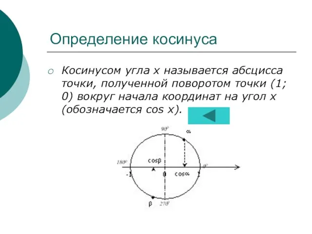 Определение косинуса Косинусом угла х называется абсцисса точки, полученной поворотом точки (1;