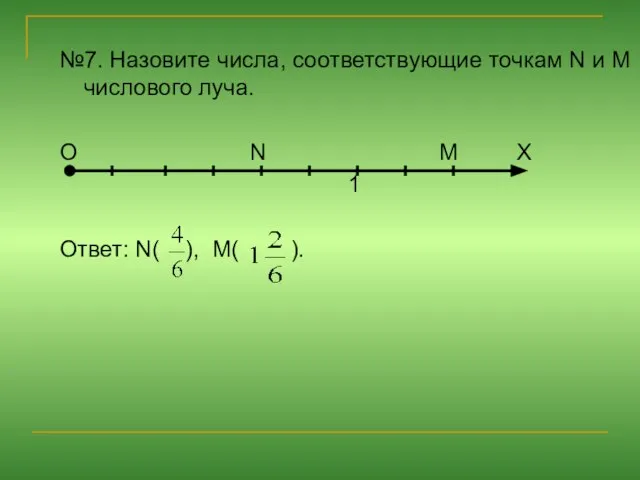 №7. Назовите числа, соответствующие точкам N и M числового луча. О N