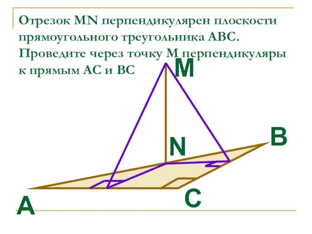 Отрезок MN перпендикулярен плоскости прямоугольного треугольника АВС. Проведите через точку М перпендикуляры