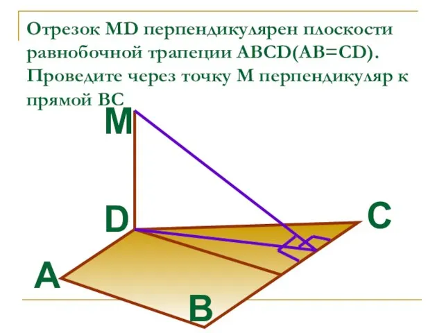 Отрезок MD перпендикулярен плоскости равнобочной трапеции ABCD(AB=CD).Проведите через точку М перпендикуляр к