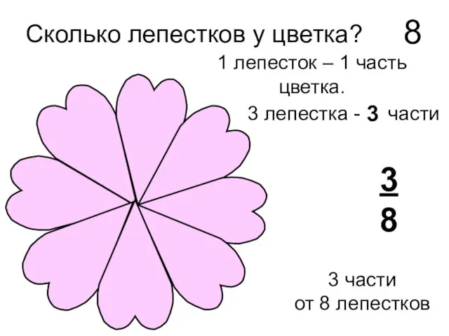 Сколько лепестков у цветка? 8 1 лепесток – 1 часть цветка. 3