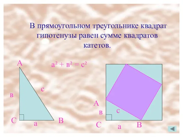 В прямоугольном треугольнике квадрат гипотенузы равен сумме квадратов катетов. В прямоугольном треугольнике