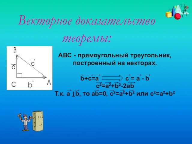 Векторное доказательство теоремы: АВС - прямоугольный треугольник, построенный на векторах. b+c=a c