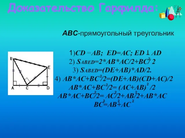 Доказательство Гарфилда: ABC-прямоугольный треугольник 1)CD =AВ; ED=АС; ЕD AD 2) SABED=2*AB*AC/2+BC/ 2