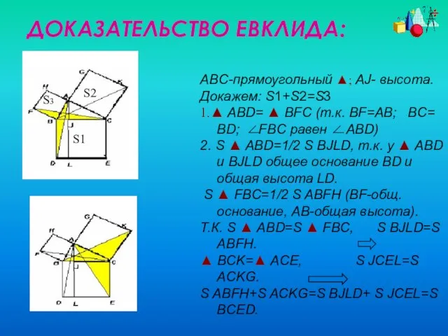 ABC-прямоугольный ▲; AJ- высота. Докажем: S1+S2=S3 1.▲ ABD= ▲ BFC (т.к. BF=AB;